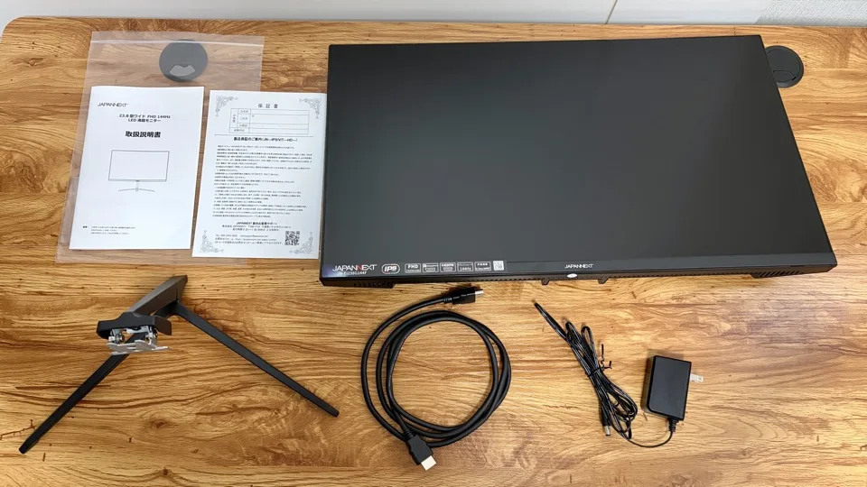 JN-Ei238G144Fの付属品一式（スタンド・電源アダプター・HDMIケーブル・マニュアル）
